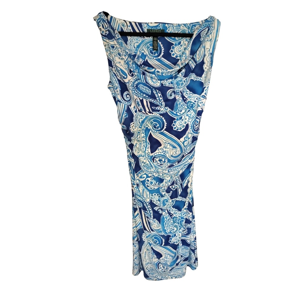 Lauren Ralph Lauren Blue White Paisley Cowl Neck Ruched Sheath Dress Size 10‎